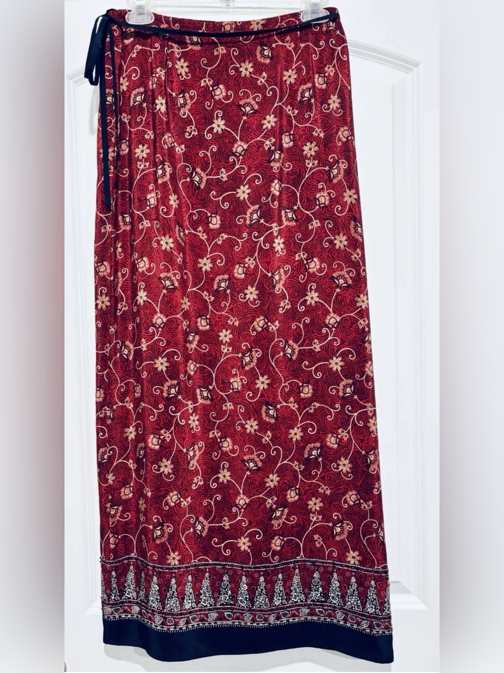 Vintage Y2K Liz Claiborne 100% Silk Asian Inspired Wrap Maxi Skirt Red Navy Sz 8 - Picture 3 of 9